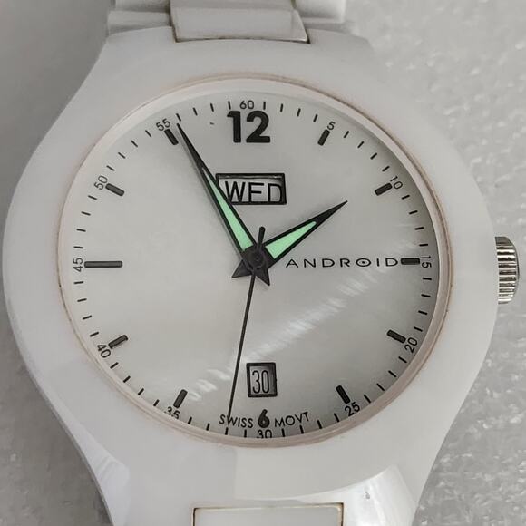 Android Aragon White Ceramic MOP Sapphire 8mm Slim case Watch Bracelet Band Thin - Picture 2 of 12